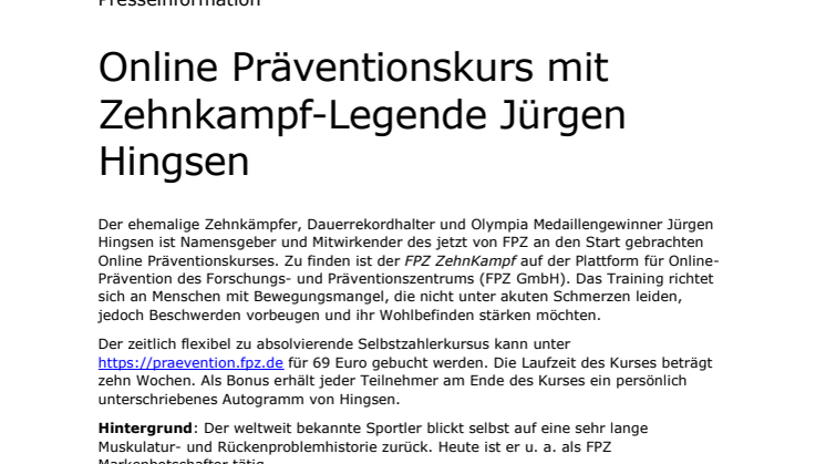 Online Präventionskurs mit Zehnkampf-Legende Jürgen Hingsen