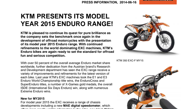 KTM PRESENTS ITS MODEL YEAR 2015 ENDURO RANGE!