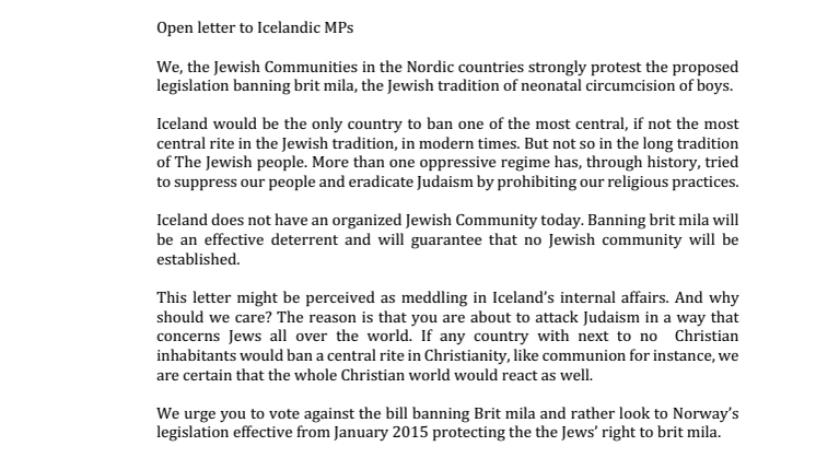 JOINT STATEMENT BY NORDIC JEWISH COMMUNITIES CONCERNING PROPOSED ANTI-CIRCUMCISION LEGISLATION IN ICELAND