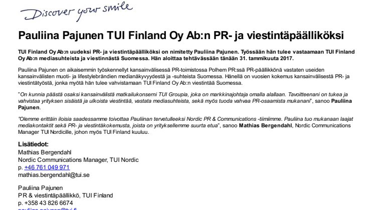 Pauliina Pajunen TUI Finland Oy Ab:n PR- ja viestintäpäälliköksi