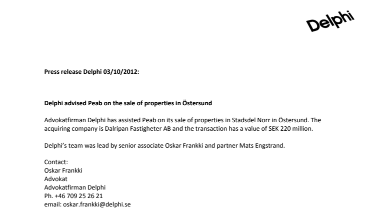 Delphi advised Peab on the sale of properties in Östersund