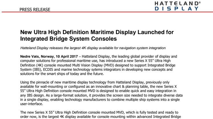 Hatteland Display: New Ultra High Definition Maritime Display Launched for Integrated Bridge System Consoles 