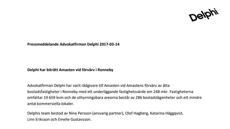 Delphi har biträtt Amasten vid förvärv i Ronneby