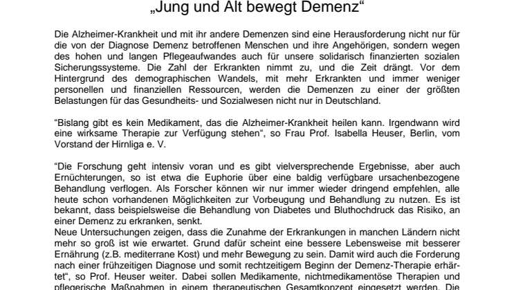 "Jung und Alt bewegt Demenz" - Gemeinsame Pressemitteilung von DAlzG, DGGPP und Hirnliga zum Welt-Alzheimertag 2016