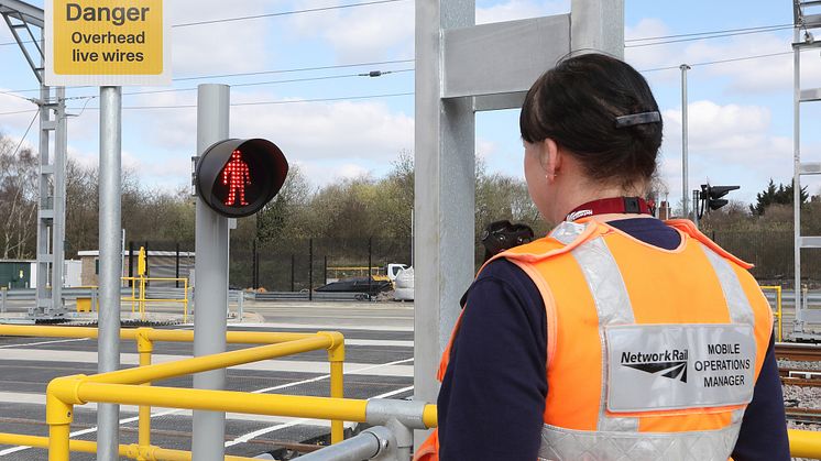 Brent Cross West: Network Rail Mobile Operations Manager Michelle Gull at new work-site level crossing