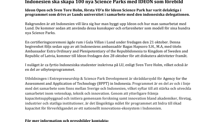 Indonesien ska skapa 100 nya Science Parks med IDEON som förebild