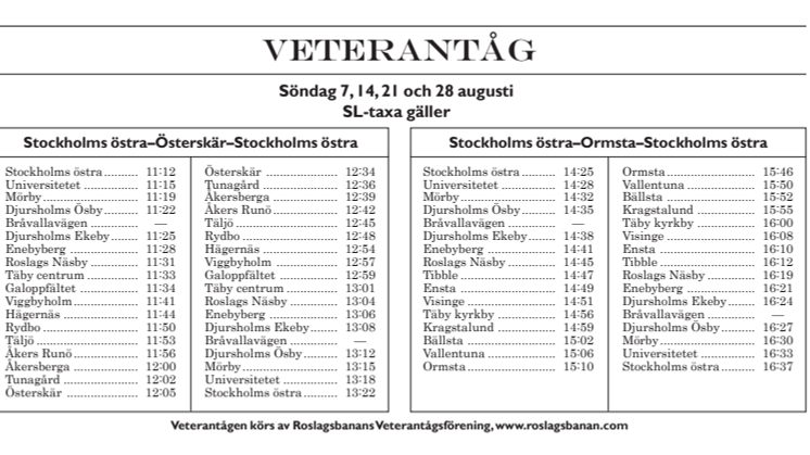 Tidtabell Roslagsbanans veterantåg augusti 2016