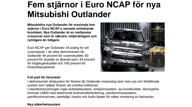 Fem stjärnor i Euro NCAP till nya Mitsubishi Outlander