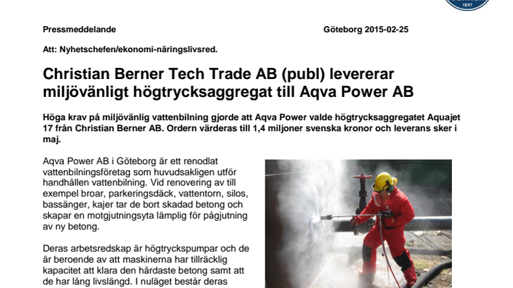 Christian Berner Tech Trade AB (publ) levererar miljövänligt högtrycksaggregat till Aqva Power AB
