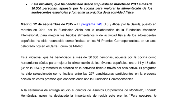 El programa TAS de Mondelēz y Fundación Alicia, reconocido en los VI Premios Corresponsables