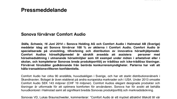 Sonova förvärvar Comfort Audio