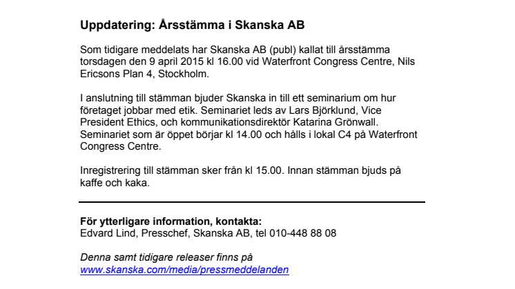 Uppdatering: Årsstämma i Skanska AB