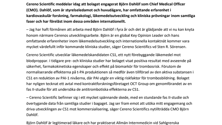 Cereno Scientific stärker organisationen och engagerar Chief Medical Officer inför start av fas II-studie med CS1