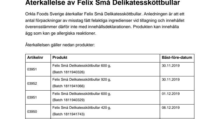 Återkallelse av Felix Små Delikatessköttbullar