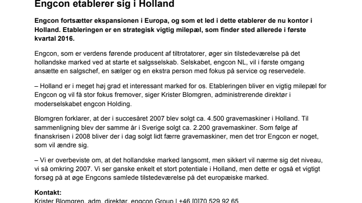 Engcon etablerer sig i Holland