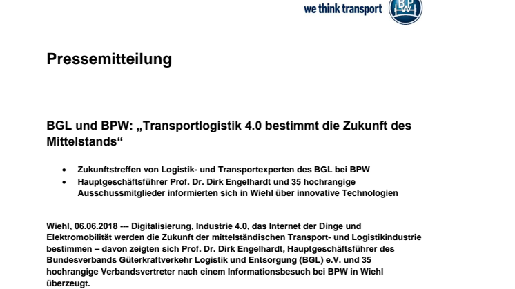 BGL und BPW: „Transportlogistik 4.0 bestimmt die Zukunft des Mittelstands“
