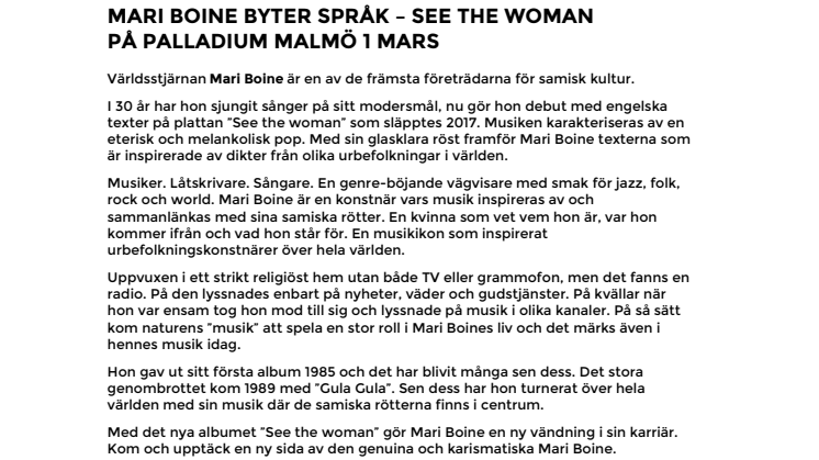 Mari Boine byter språk – "See the woman" på Palladium Malmö 1 mars