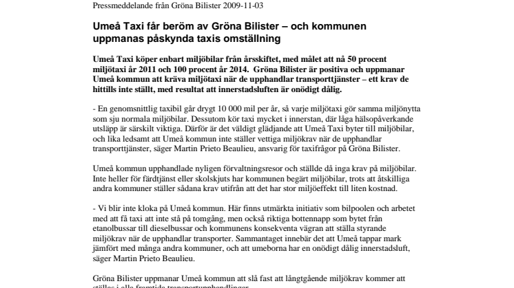 Umeå Taxi får beröm av Gröna Bilister - och kommunen uppmanas påskynda taxis omställning