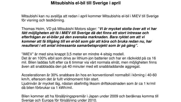 Mitsubishis el-bil kommer till Sverige i april