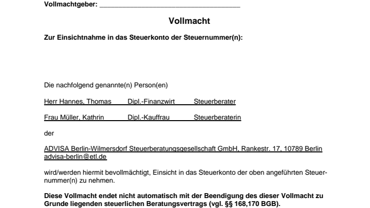 ADVISA - Vollmacht Steuerkonto online (Brandenburg)