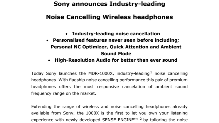 Sony lanserar MDR-1000X - trådlösa hörlurar med marknadens bästa brusreducering
