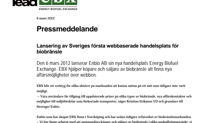 Lansering av Sveriges första webbaserade handelsplats för biobränsle