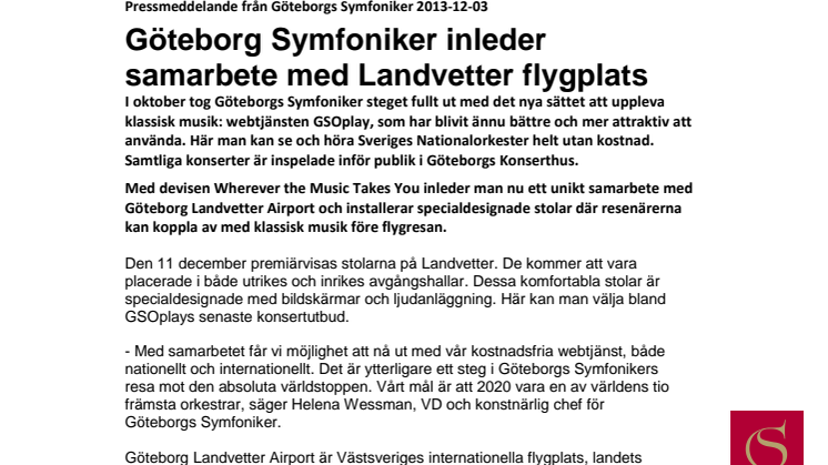 Göteborg Symfoniker inleder samarbete med Landvetter flygplats