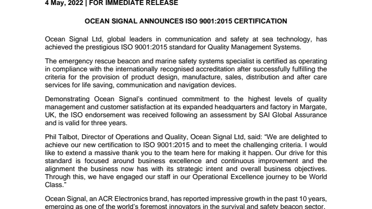 4 May 2022 - Ocean Signal Announces ISO 9001 2015 Certification.pdf