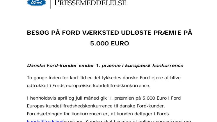 BESØG PÅ FORD VÆRKSTED UDLØSTE PRÆMIE PÅ 5.000 EURO
