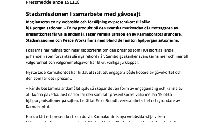 Stadsmissionen bland flera i samarbete med gåvosajt 