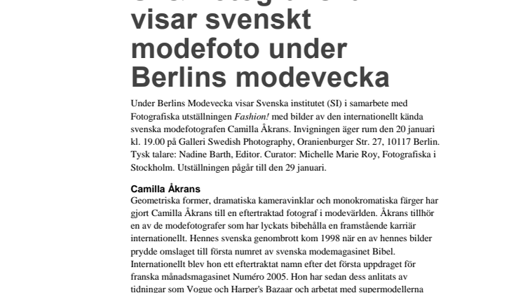 SI & Fotografiska visar svenskt modefoto under Berlins modevecka