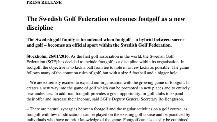 The Swedish Golf Federation welcomes footgolf as a new discipline