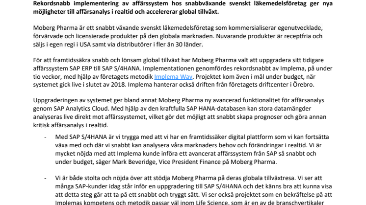 Moberg Pharma framtidssäkrar tillväxt med SAP S/4HANA och Implema