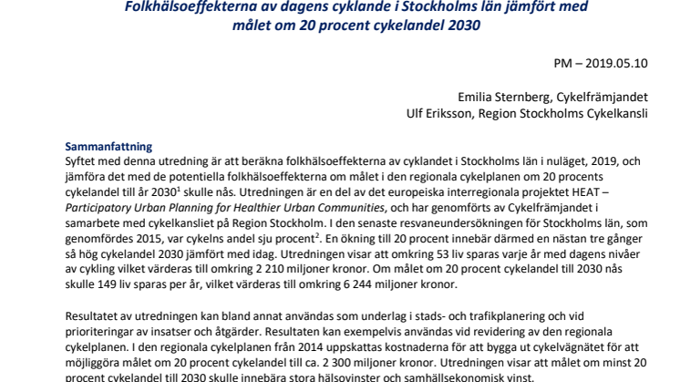 Cyklingens hälsoeffekter i Stockholms län 2030 - HEAT PM 2019.05.10
