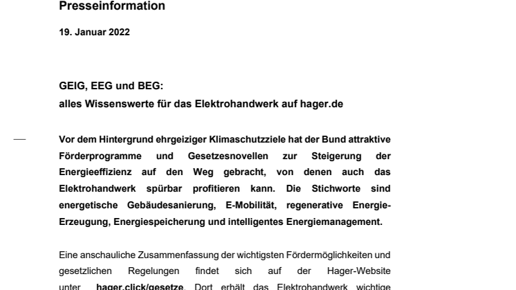 GEIG, EEG und BEG: alles Wissenswerte für das Elektrohandwerk auf hager.de