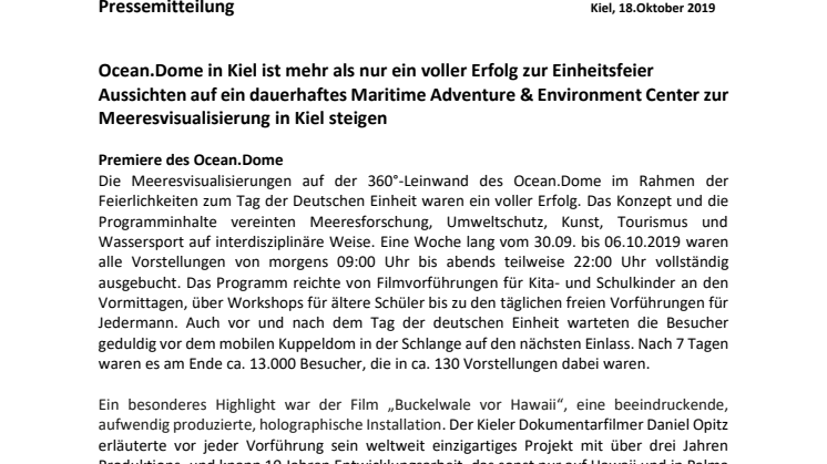 Ocean.Dome steigert Ausssichten auf ein Maritime Adventure & Environment Center in Kiel