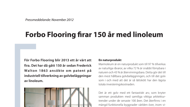 Forbo Flooring firar 150 år med linoleum