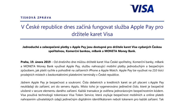 V České republice dnes začíná fungovat služba Apple Pay pro držitele karet Visa