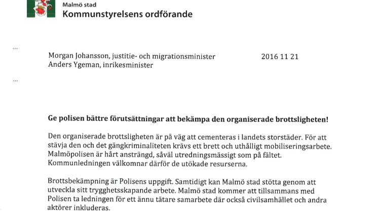 Kommunstyrelsen stöder Malmöpolisen om behovet av lagändringar