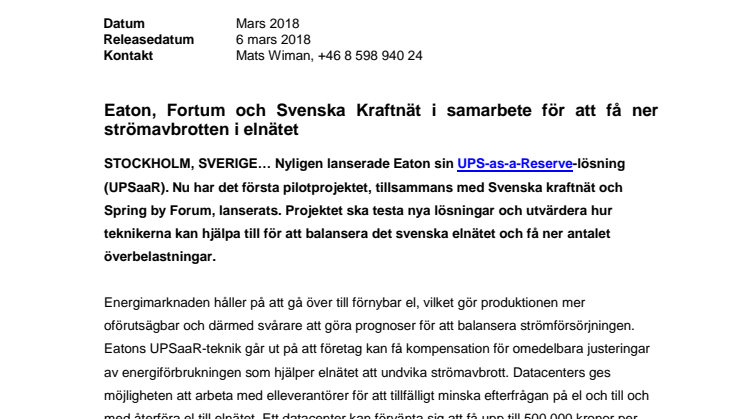 Eaton, Fortum och Svenska Kraftnät i samarbete för att få ner strömavbrotten i elnätet