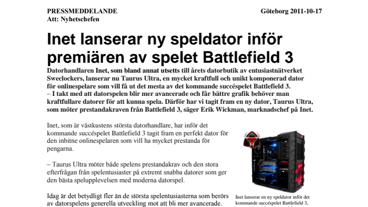 Inet lanserar ny speldator inför premiären av spelet Battlefield 3 