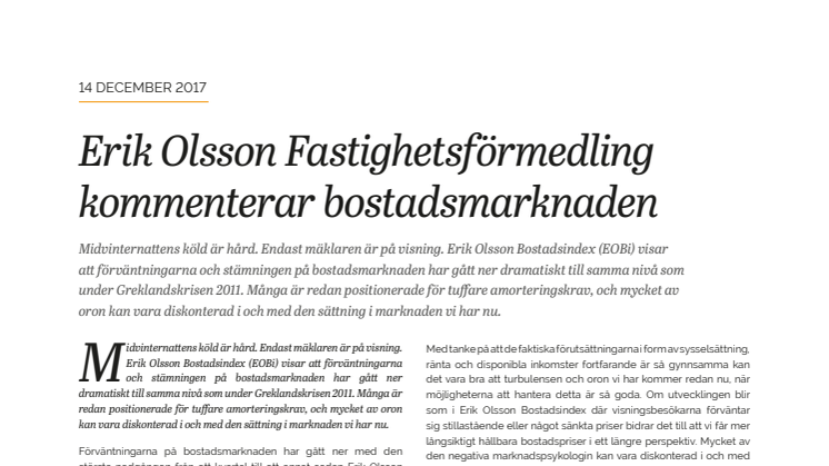 Erik Olsson Fastighetsförmedling kommenterar bostadsmarknaden 14 dec 2017