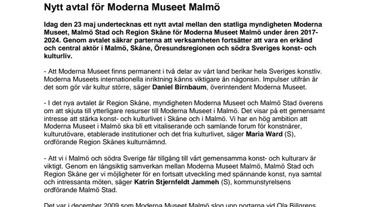 Nytt avtal för Moderna Museet Malmö