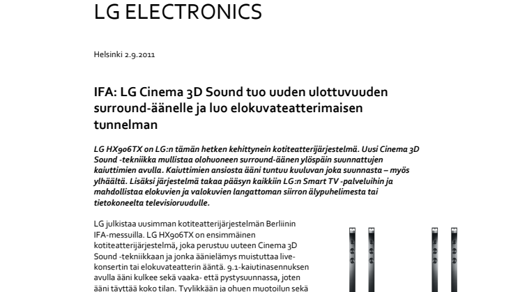IFA: LG Cinema 3D Sound tuo uuden ulottuvuuden surround-äänelle ja luo elokuvateatterimaisen tunnelman 