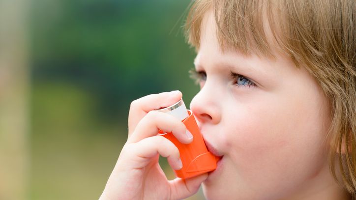 A young girl uses an asthma inhaler. A survey by the International Study of Asthma and Allergies in Childhood (ISAAC)  found that about 14% of the world’s children were likely to have had asthmatic symptoms.