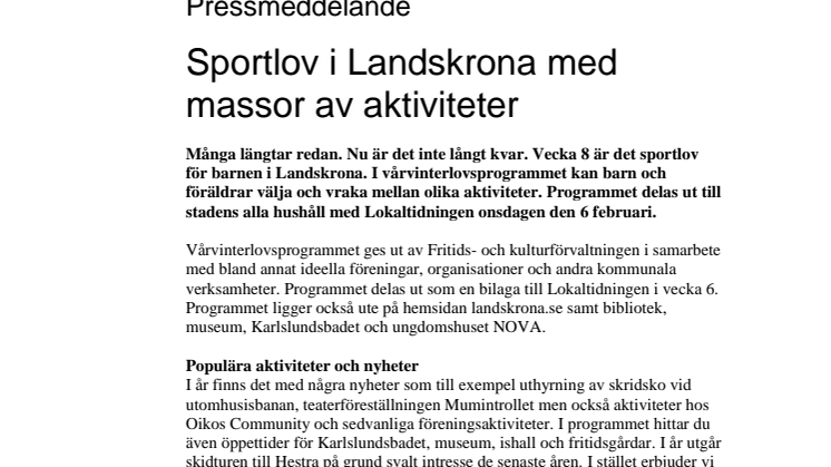 Sportlov i Landskrona med massor av aktiviteter