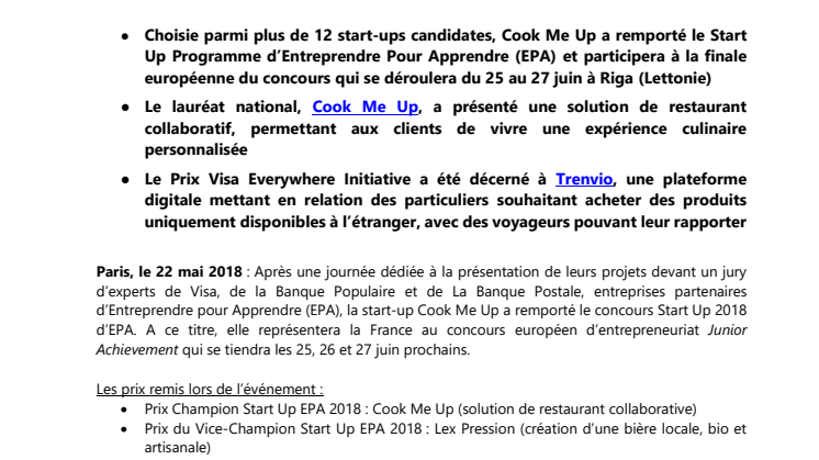 Start Up Programme d’Entreprendre Pour Apprendre : La start-up Cook Me Up représentera la France à la finale européenne de Junior Achievement à Riga du 25 au 27 juin 2018