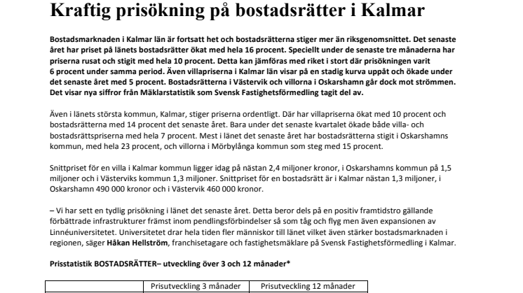 Kraftig prisökning på bostadsrätter i Kalmar