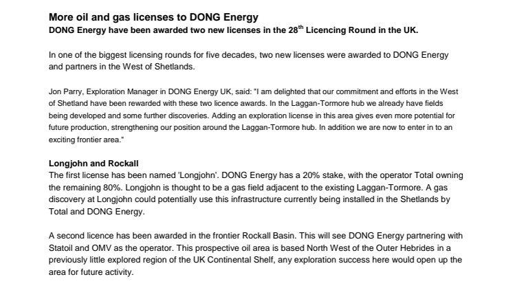 More oil and gas licenses to DONG Energy