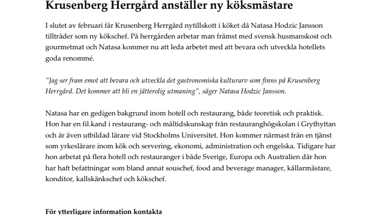 Krusenberg Herrgård anställer ny köksmästare